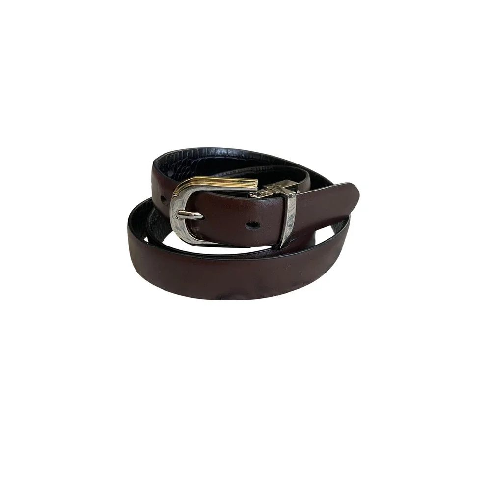 Reversible Brown and Black Faux Croc Belt Silver Horseshoe Buckle 1 Inch Wide
